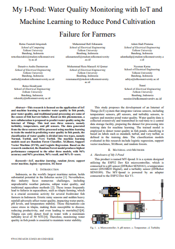 My I-Pond: Water Quality Monitoring with IoT and Machine Learning to Reduce Pond Cultivation Failure for Farmers